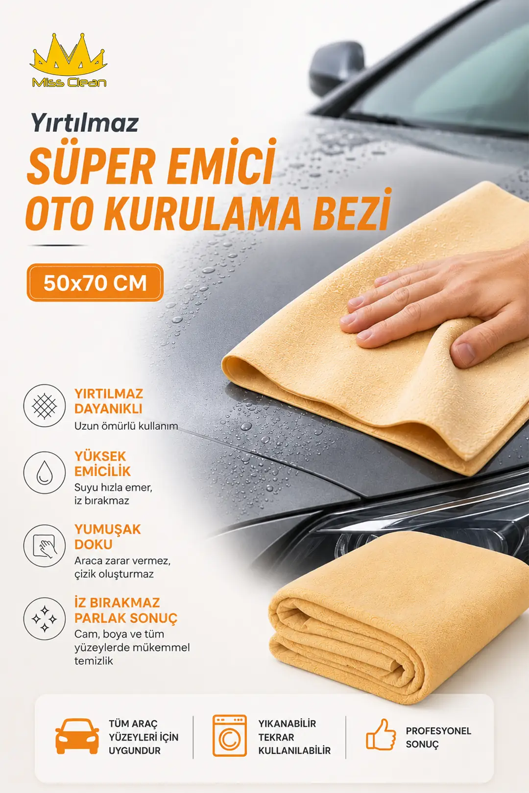 Güderi Yırtılmaz Süper Lüks Oto Kurulama Bezi - 50x70 cm