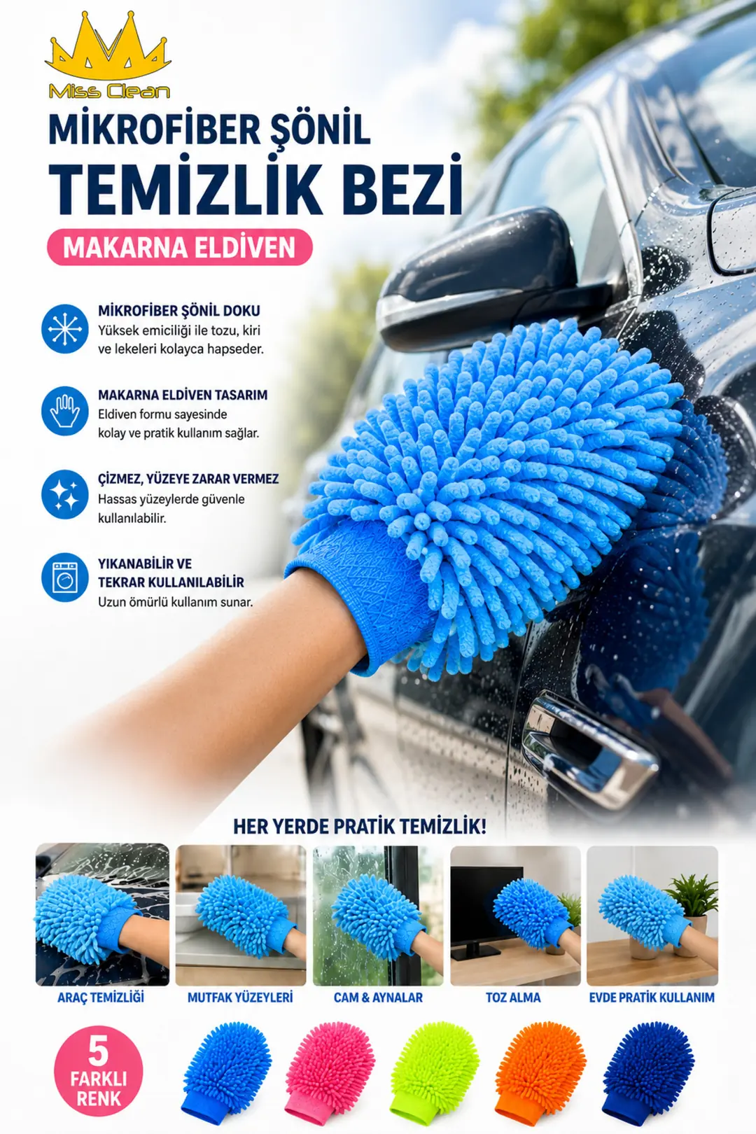 Profesyonel Mikrofiber Araba Yıkama ve Detay Temizlik Eldiveni - 1 Adet