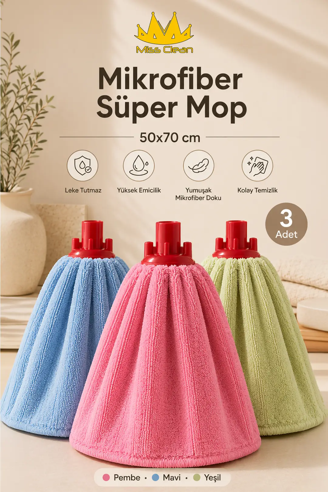 Mikrofiber Süper Mop - 3 Adet, 50x70 cm, Leke Tutmaz