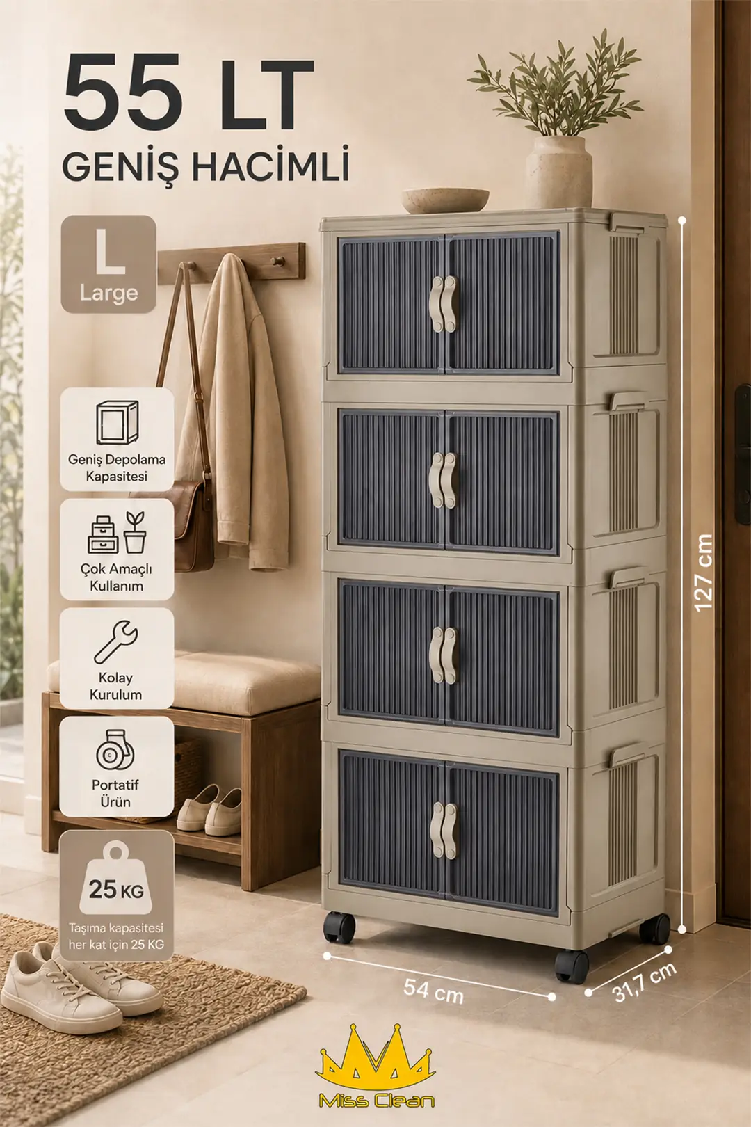 4'lü Portatif Organizer Set - Tekerlekli Çok Amaçlı Dolap, Kahverengi