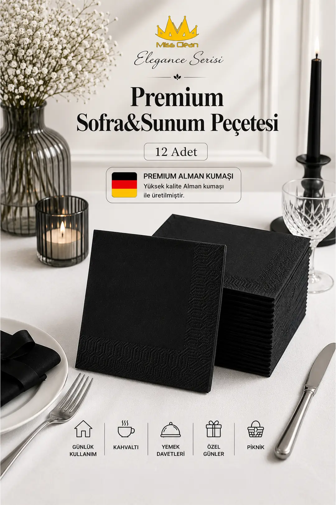 12 Adet Elegance Serisi Premium Siyah Sofra ve Sunum Peçetesi - 40x40 cm