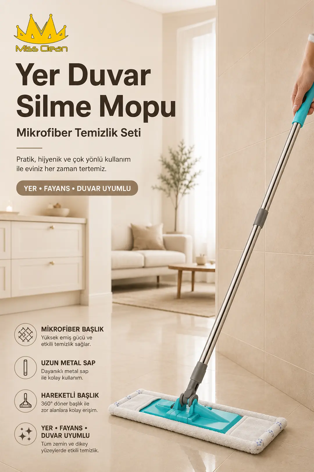 Mikrofiber Temizlik Seti - Yer Fayansları ve Duvarlar İçin Mop
