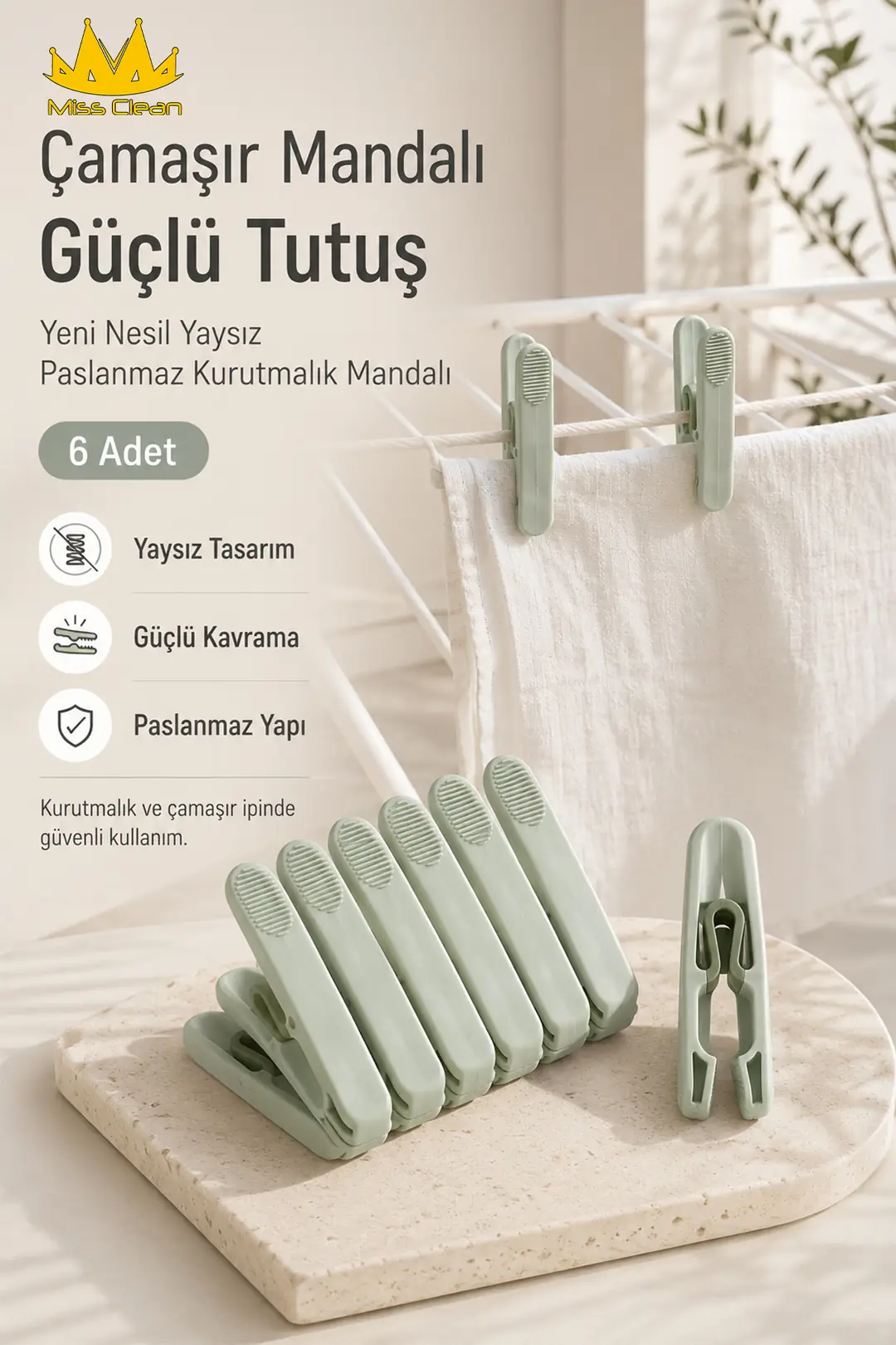 6'lı Set Yeni Nesil Yaysız Paslanmaz Çamaşır Mandalı - Güçlü Tutuş