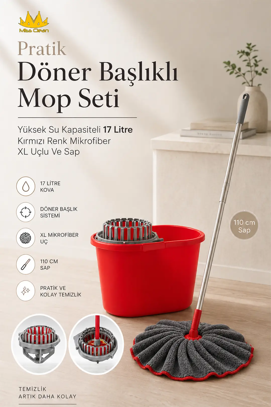 Kırmızı Mikrofiber XL Uçlu Döner Başlıklı Mop Seti - 17 Litre