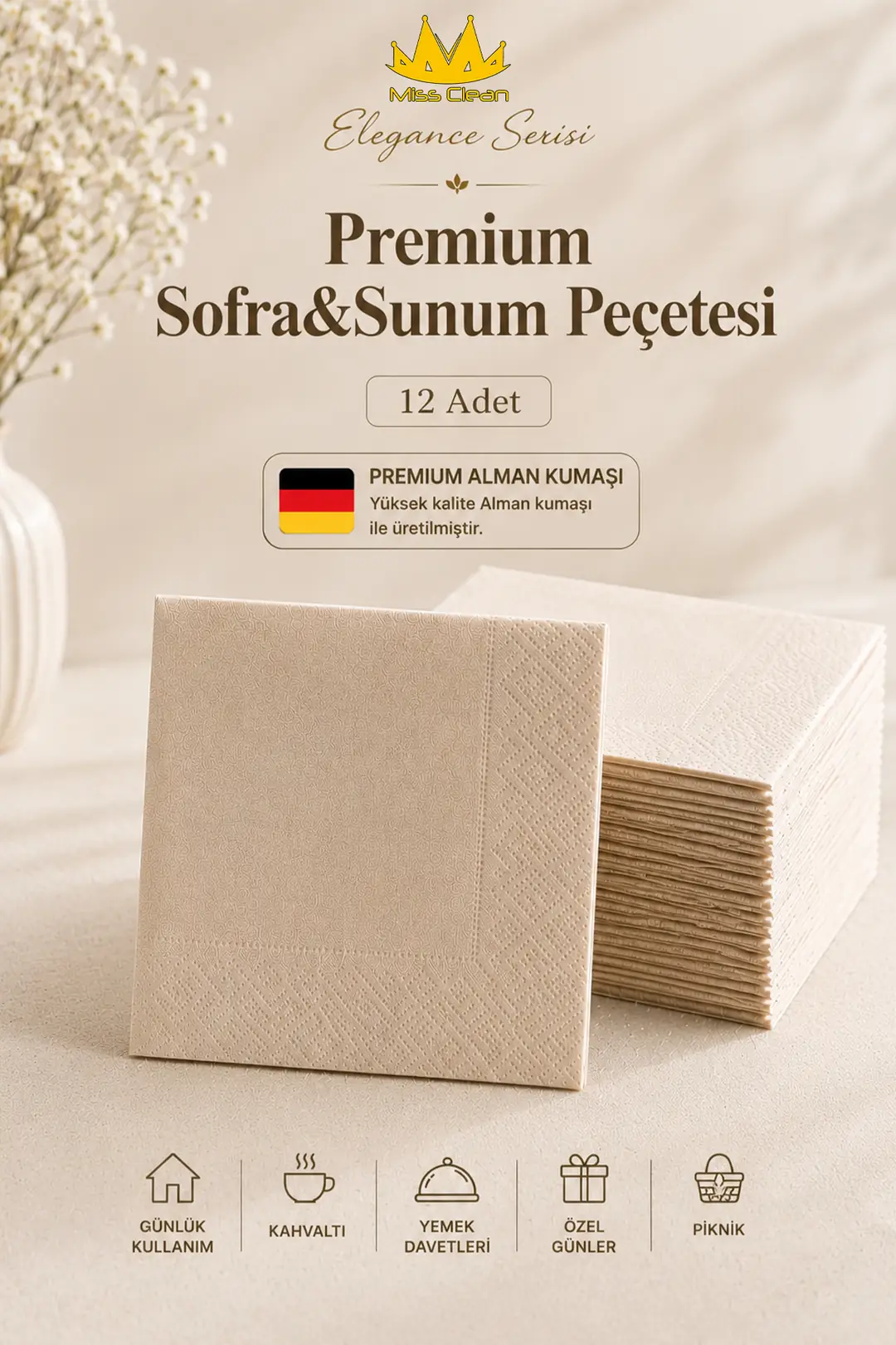 Elegance Serisi Premium Sofra & Sunum Peçetesi - 40x40 cm, Krem Renk (12 Adet)