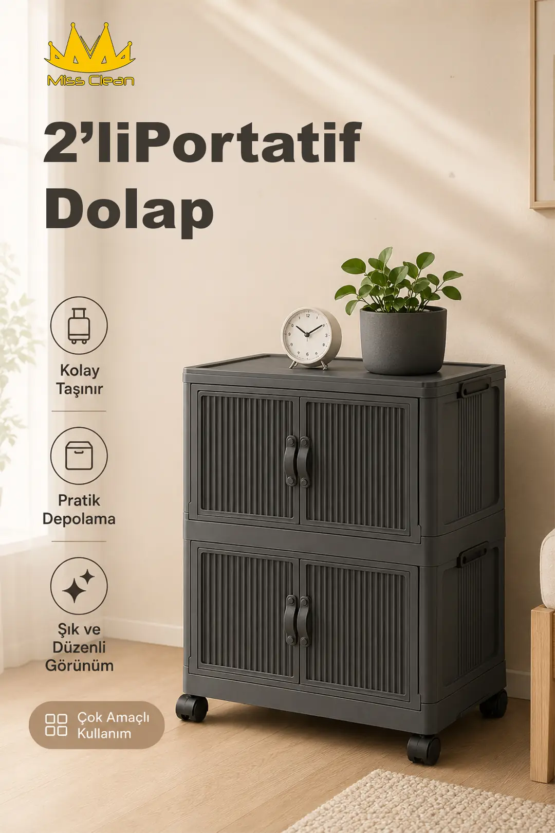 2'li Portatif Çok Amaçlı Organizer - Tekerlekli ve Mıknatıs Kapaklı (Antrasit)