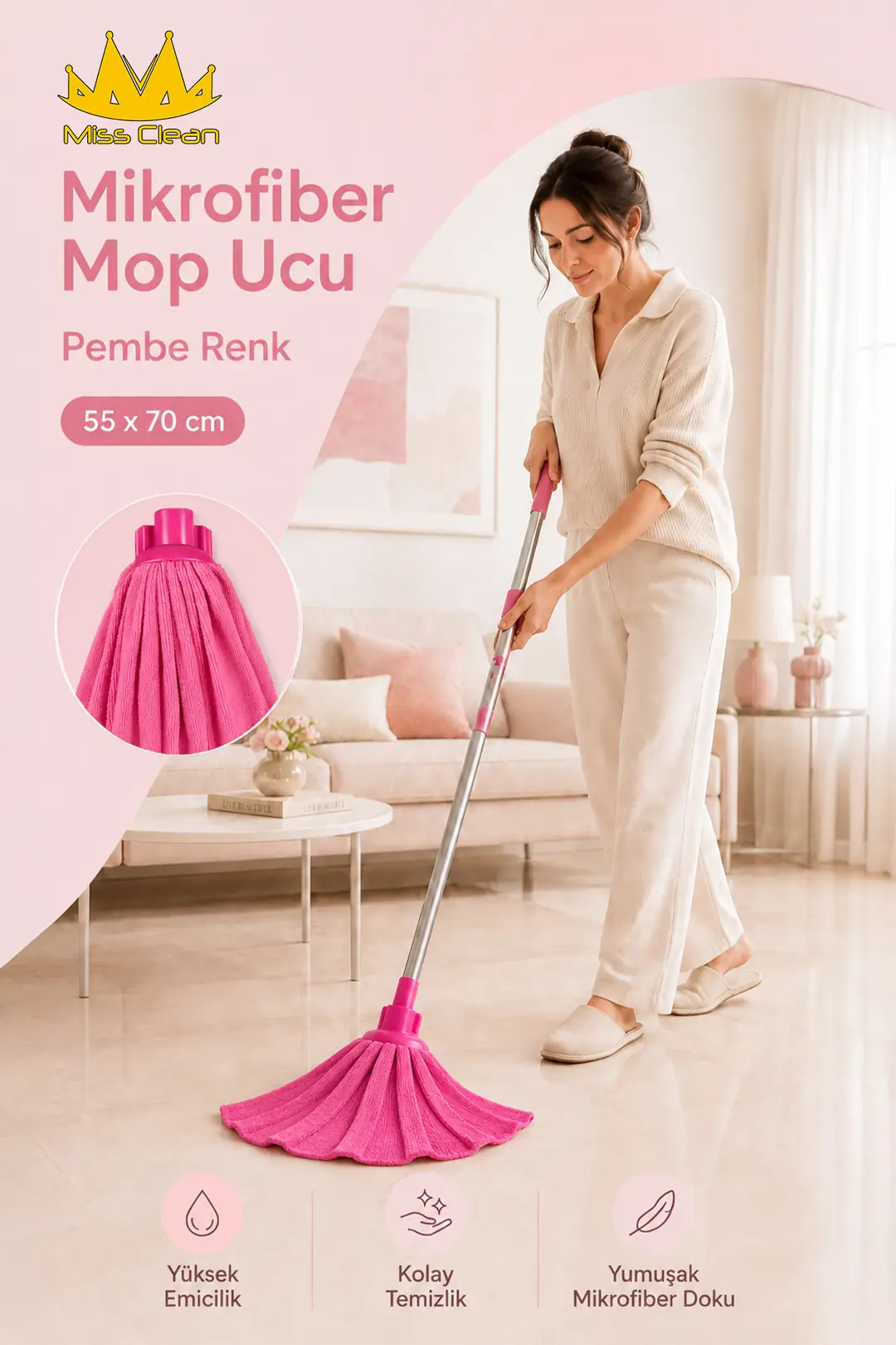 Mikrofiber Yedek Mop Ucu - Pembe - 55x70 cm